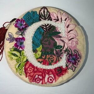 Anna Harlow Russo X Anthropologie Beaded Embroidered Monogram C Round Pouch Bag